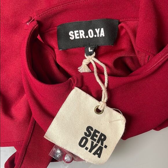 SER.O.YA Mave Long Sleeve Mock Neck Open Back Ruby Red Mini Dress Size Large - Picture 12 of 13